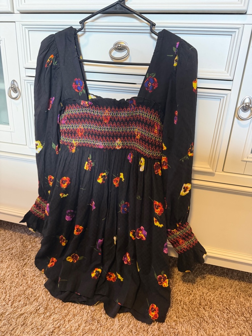Urban Outfitters Black Floral Smocked Dress with Colorful Blooms